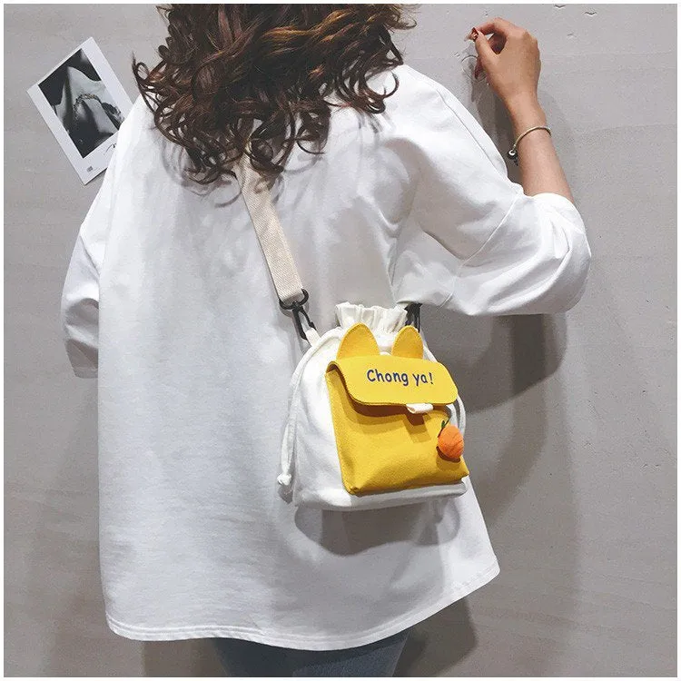 DUNNMALL INS Japanese Canvas Messenger Bag  New Fresh Cute Internet Celebrity Student Drawstring Bucket Shoulder Bag for Women