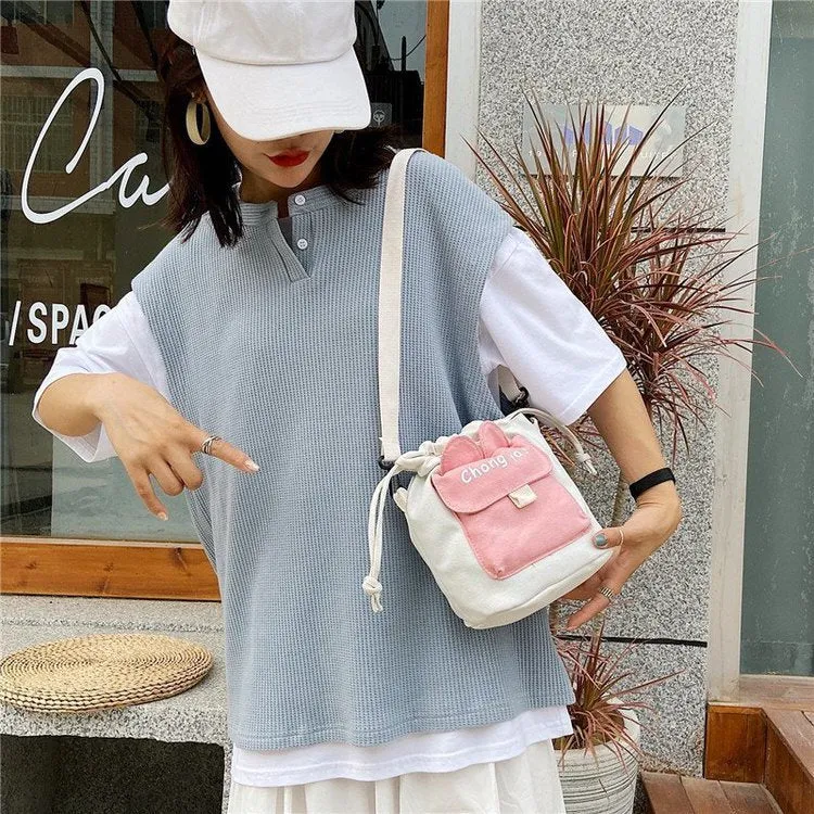 DUNNMALL INS Japanese Canvas Messenger Bag  New Fresh Cute Internet Celebrity Student Drawstring Bucket Shoulder Bag for Women