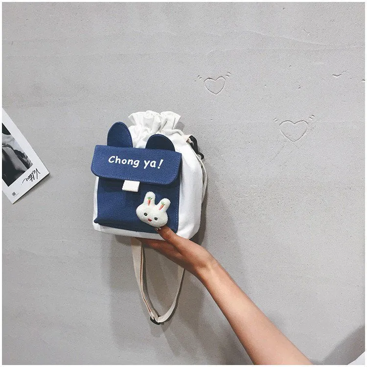 DUNNMALL INS Japanese Canvas Messenger Bag  New Fresh Cute Internet Celebrity Student Drawstring Bucket Shoulder Bag for Women