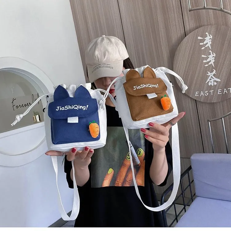 DUNNMALL INS Japanese Canvas Messenger Bag  New Fresh Cute Internet Celebrity Student Drawstring Bucket Shoulder Bag for Women