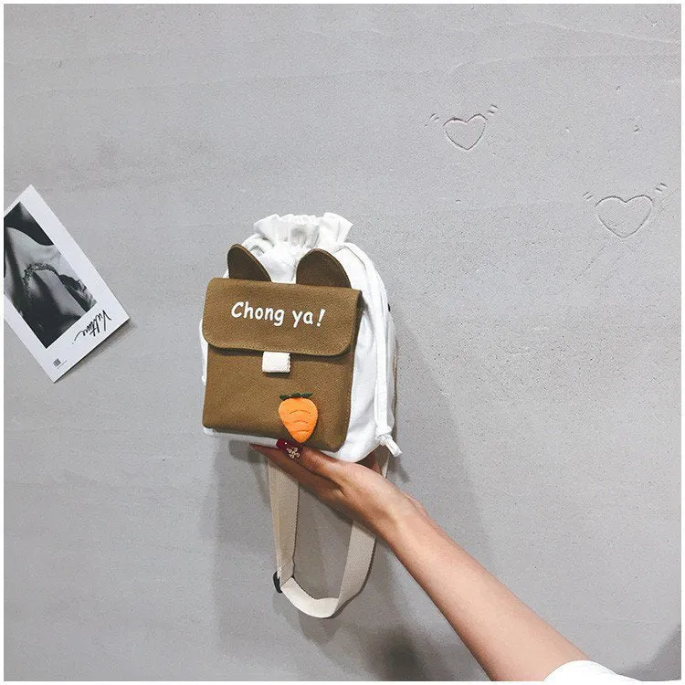 DUNNMALL INS Japanese Canvas Messenger Bag  New Fresh Cute Internet Celebrity Student Drawstring Bucket Shoulder Bag for Women