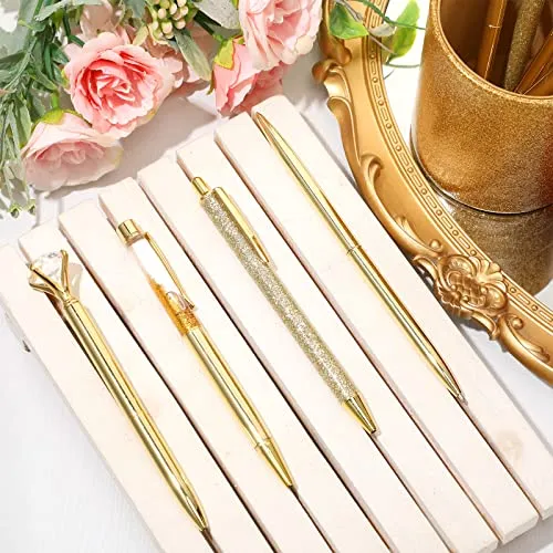 Sabary 8 Pcs Ballpoint Pens with Pen Holder for Desk Metal Crystal Diamond Pen Glitter Pencil Holder Fancy Pens Black Ink Bling Desk Organizer for Women Girls Office School Teacher Gifts (Gold)