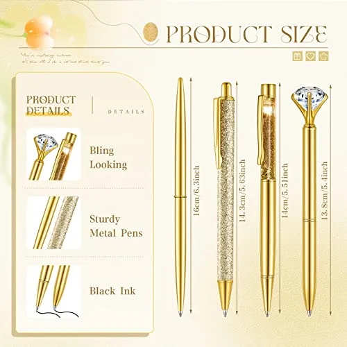 Sabary 8 Pcs Ballpoint Pens with Pen Holder for Desk Metal Crystal Diamond Pen Glitter Pencil Holder Fancy Pens Black Ink Bling Desk Organizer for Women Girls Office School Teacher Gifts (Gold)