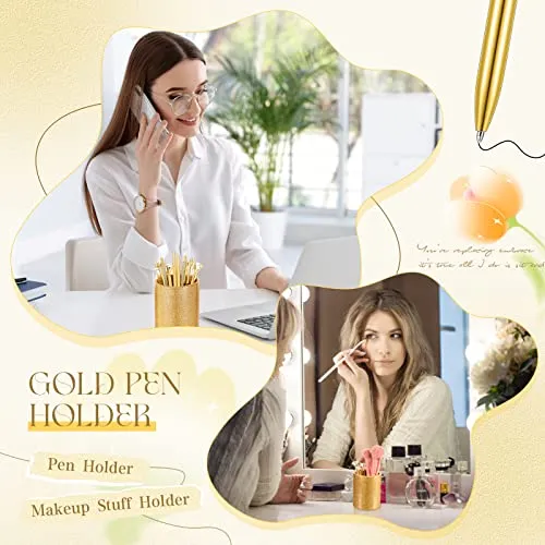 Sabary 8 Pcs Ballpoint Pens with Pen Holder for Desk Metal Crystal Diamond Pen Glitter Pencil Holder Fancy Pens Black Ink Bling Desk Organizer for Women Girls Office School Teacher Gifts (Gold)