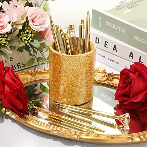 Sabary 8 Pcs Ballpoint Pens with Pen Holder for Desk Metal Crystal Diamond Pen Glitter Pencil Holder Fancy Pens Black Ink Bling Desk Organizer for Women Girls Office School Teacher Gifts (Gold)