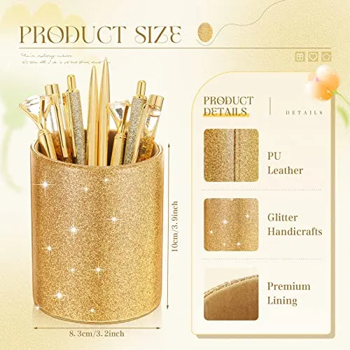 Sabary 8 Pcs Ballpoint Pens with Pen Holder for Desk Metal Crystal Diamond Pen Glitter Pencil Holder Fancy Pens Black Ink Bling Desk Organizer for Women Girls Office School Teacher Gifts (Gold)
