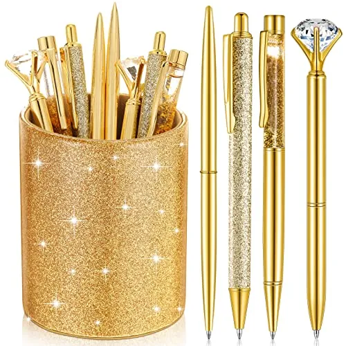 Sabary 8 Pcs Ballpoint Pens with Pen Holder for Desk Metal Crystal Diamond Pen Glitter Pencil Holder Fancy Pens Black Ink Bling Desk Organizer for Women Girls Office School Teacher Gifts (Gold)