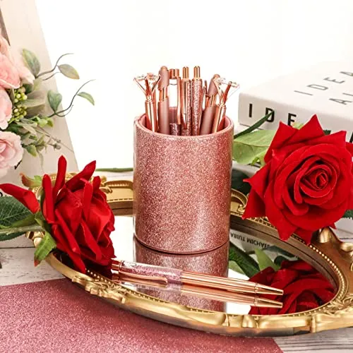 Sabary 8 Pcs Ballpoint Pens with Pen Holder for Desk Metal Crystal Diamond Pen Glitter Pencil Holder Fancy Pens Black Ink Bling Desk Organizer for Women Girls Office School Teacher Gifts (Rose Gold)