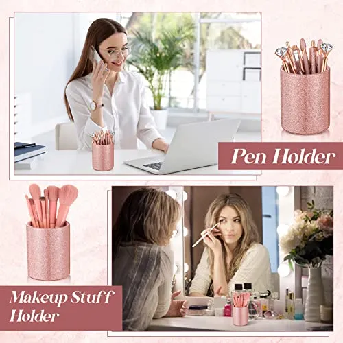 Sabary 8 Pcs Ballpoint Pens with Pen Holder for Desk Metal Crystal Diamond Pen Glitter Pencil Holder Fancy Pens Black Ink Bling Desk Organizer for Women Girls Office School Teacher Gifts (Rose Gold)