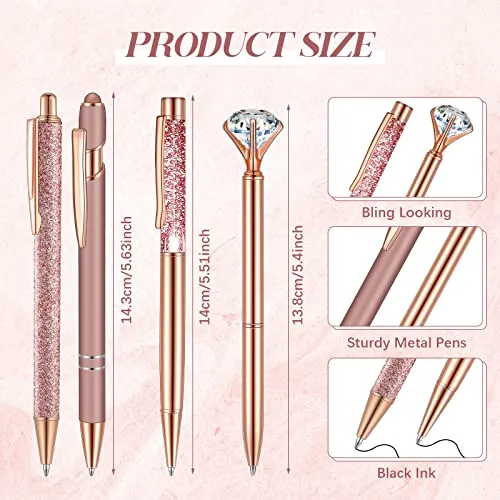 Sabary 8 Pcs Ballpoint Pens with Pen Holder for Desk Metal Crystal Diamond Pen Glitter Pencil Holder Fancy Pens Black Ink Bling Desk Organizer for Women Girls Office School Teacher Gifts (Rose Gold)