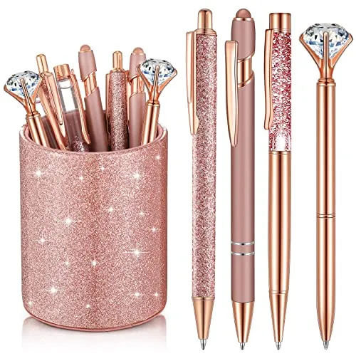 Sabary 8 Pcs Ballpoint Pens with Pen Holder for Desk Metal Crystal Diamond Pen Glitter Pencil Holder Fancy Pens Black Ink Bling Desk Organizer for Women Girls Office School Teacher Gifts (Rose Gold)