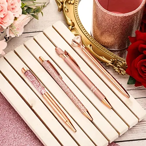 Sabary 8 Pcs Ballpoint Pens with Pen Holder for Desk Metal Crystal Diamond Pen Glitter Pencil Holder Fancy Pens Black Ink Bling Desk Organizer for Women Girls Office School Teacher Gifts (Rose Gold)